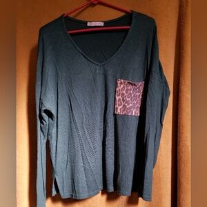 Avenue Dark Green Long Sleeve Top with Animal Print Pocket